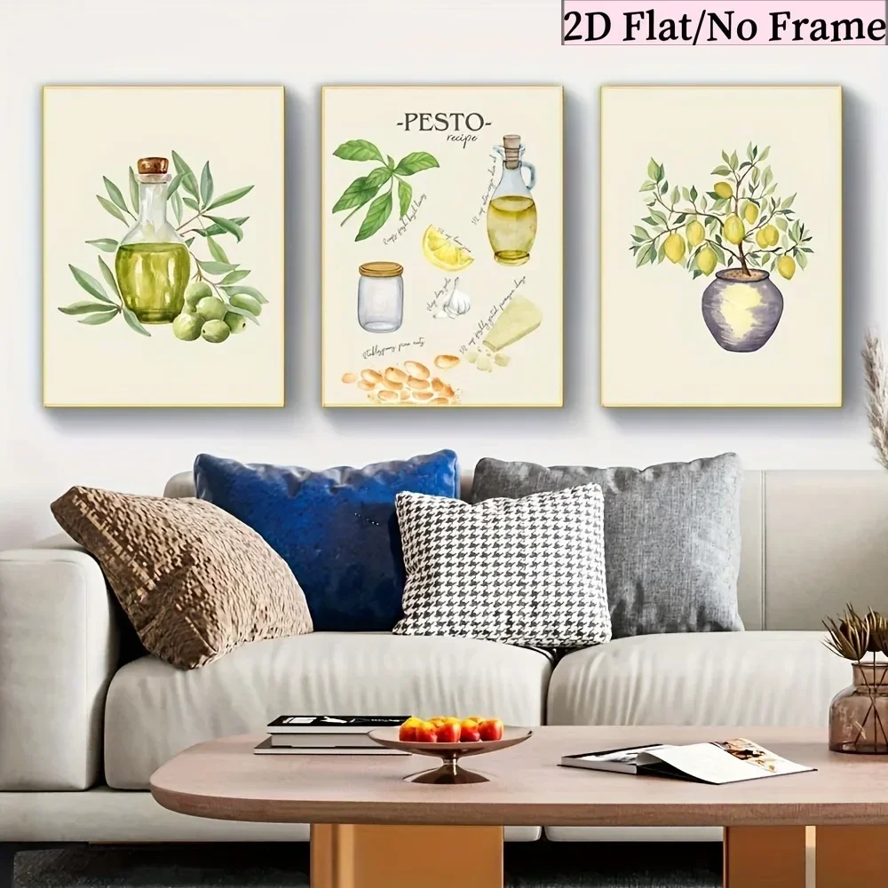 2D Flat, 3pcs Modern Minimalist Olive Oil Lemon Pesto Kitchen Wall Art Posters - Vertical Olive-Themed Suitable for Him/Her,