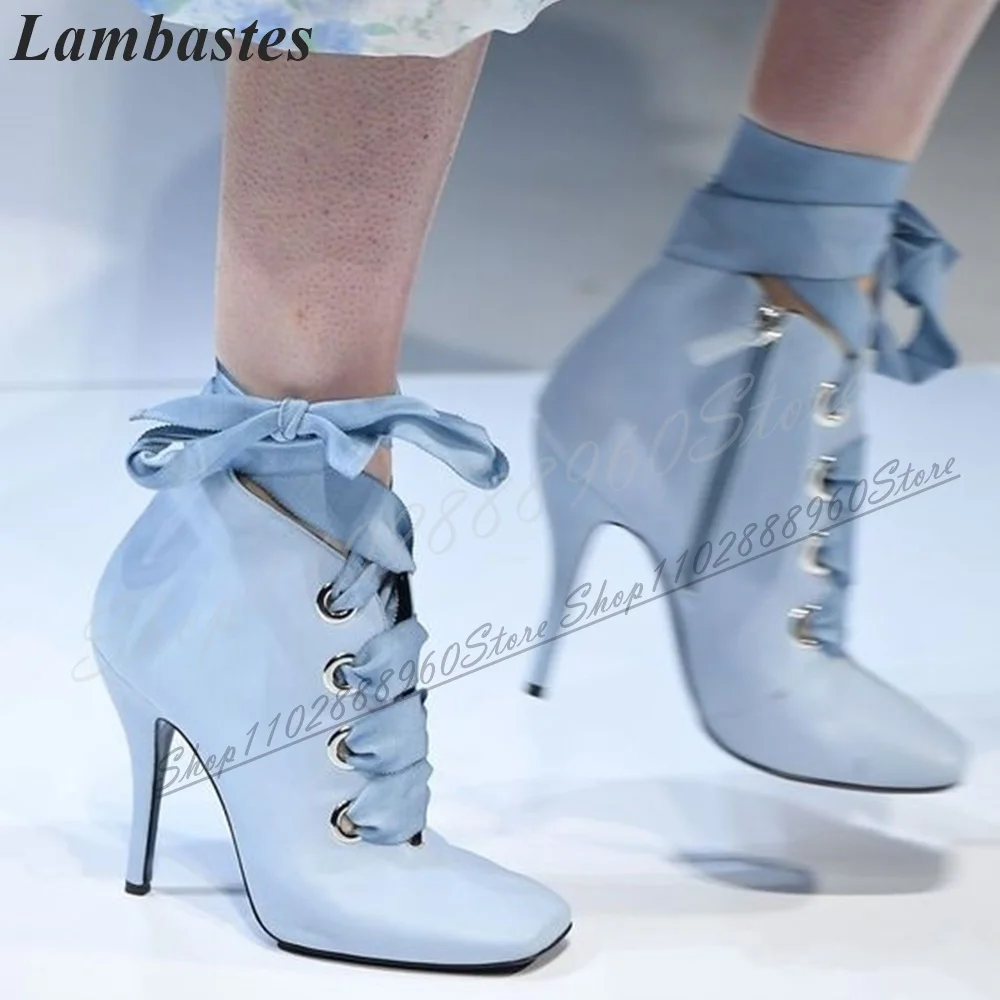 Trendy Light Blue Cross Tied Catwalk Pumps Thin High Heel Shoes For Women Side Zipper Square Toe 2024 Fashion Zapatillas Mujer