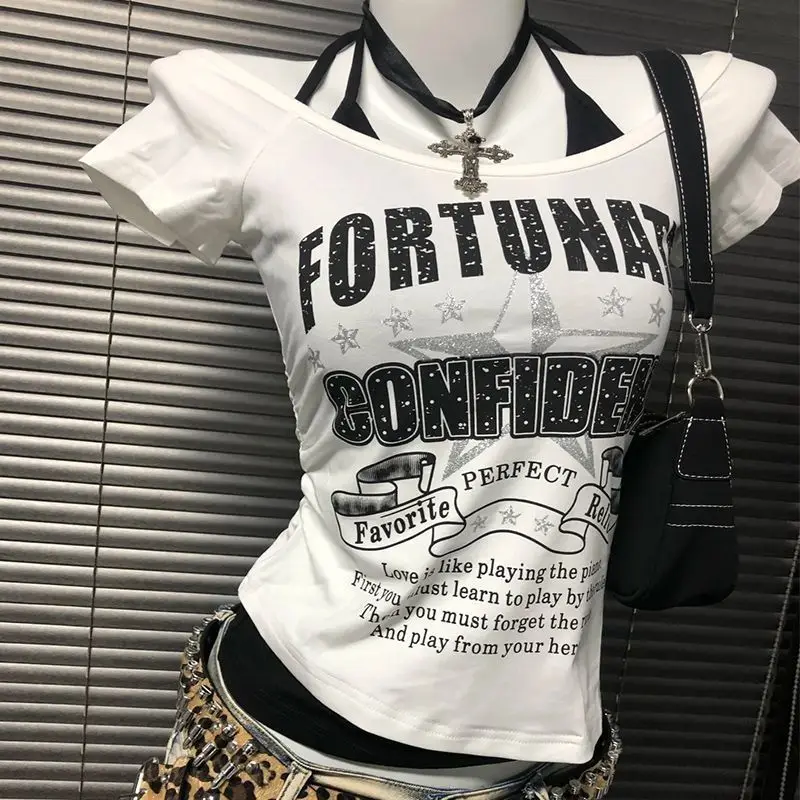 Summer Fake Two Pieces Halter Bandage Vintage T-shirts Y2k Aesthetic Slim Crop Tops Women Grunge Print Harajuku Casual Sexy Tee