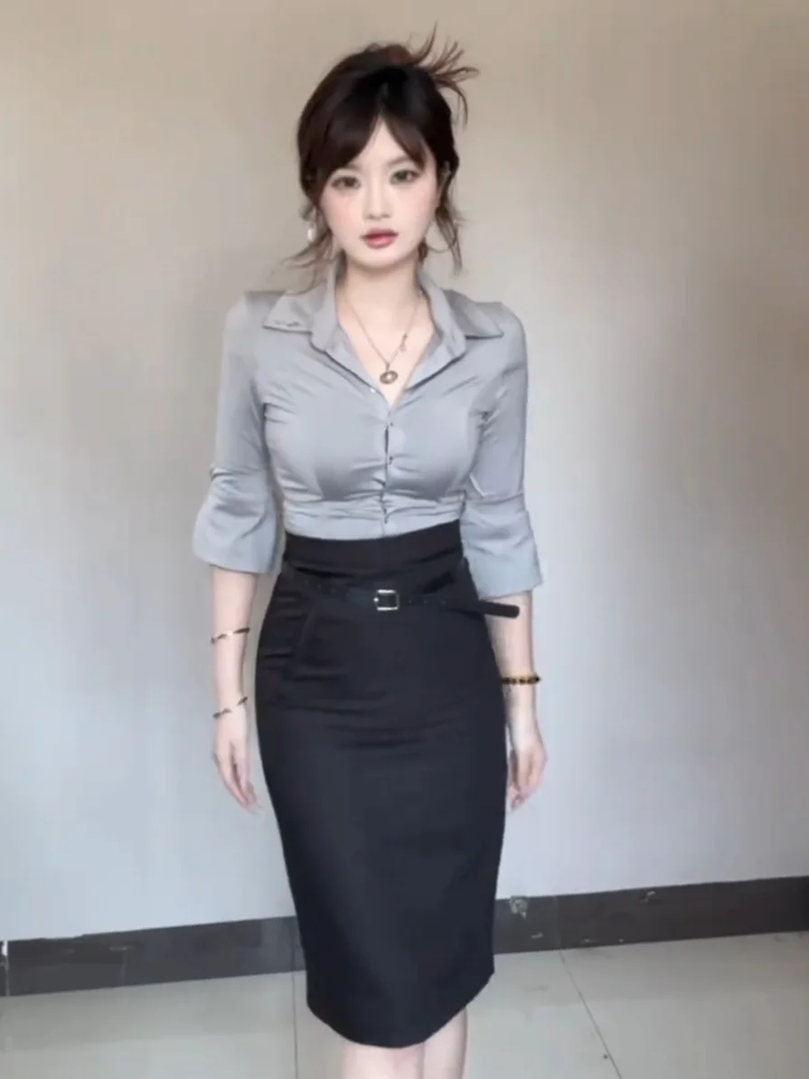 

Sweet And Spicy Commute Set High Waist Slim Fit Long Sve Elastic Waist Slimming f Skirt Autumn Winter Faion Set for W...