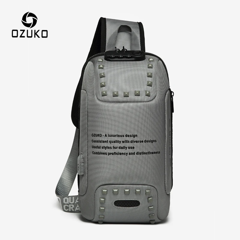 Ozuko Mode Mannen Klinknagel Crossbody Zakken Anti-Diefstal Messenger Bag Usb Opladen Borst Pakken Korte Trip Waterafstotend Schouder tas