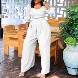 Women's 2024 new long sleeve solid color loose leg straight leg large size jumpsuit