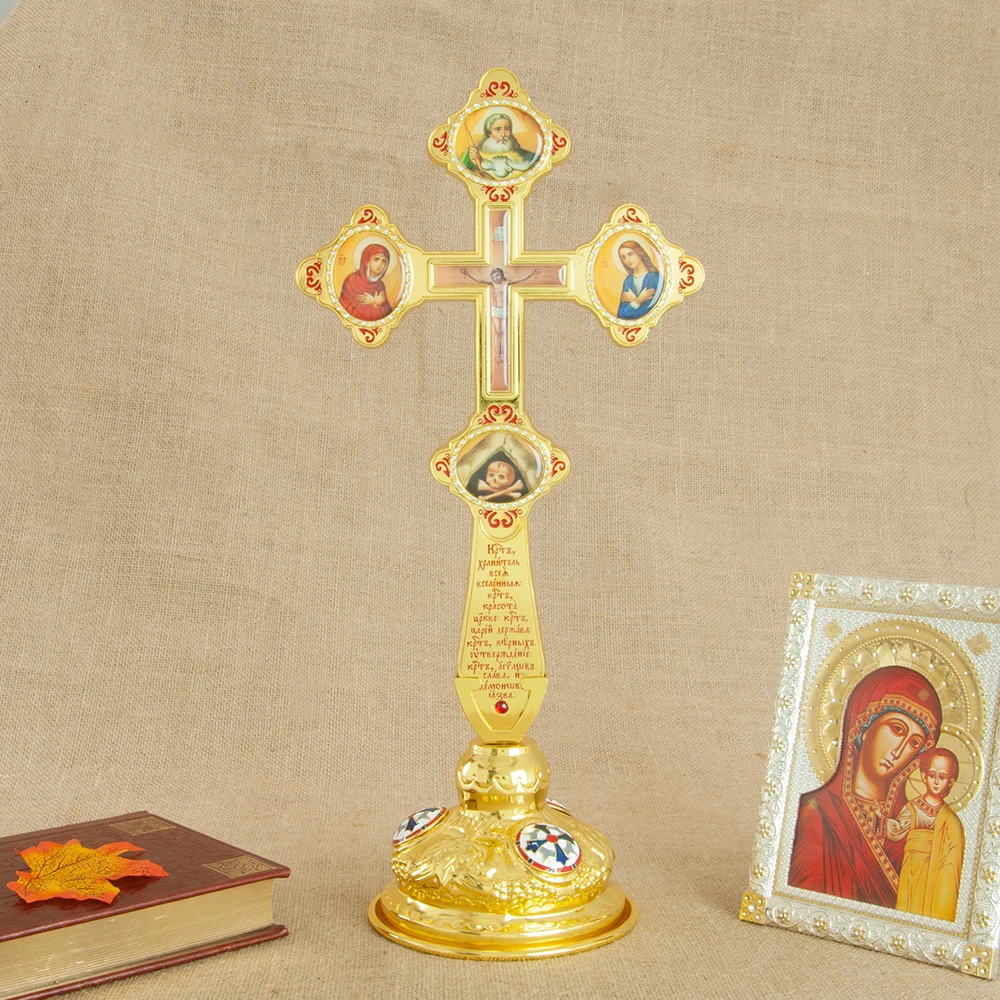 HTISOK 15 Zoll Orthodoxes Stehendes Jesus-Kreuz, Zinklegierung Vergoldetes Kreuz, Religiöse Dekoration mit Sockel, Geschenk für Gläubige – Detail 6