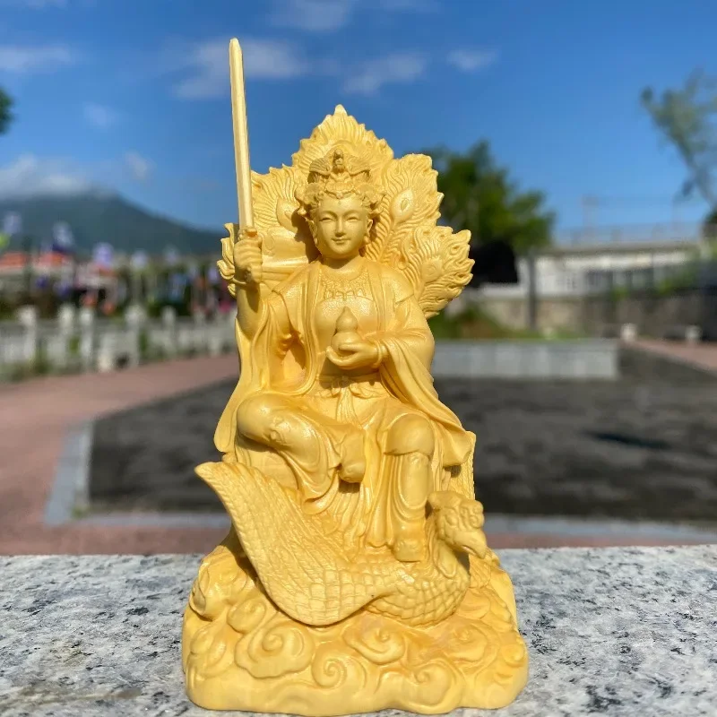 Jiutian Xuannü Statue – Hand-Carved Boxwood Taoist Goddess Riding Phoenix with Sword, Nine Heavens Deity Figurine for Home