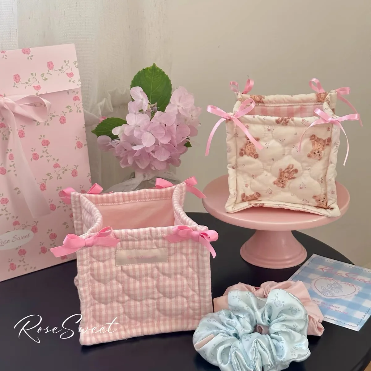 Cute storage box, storage bag, handmade bow desktop storage item, house decoration