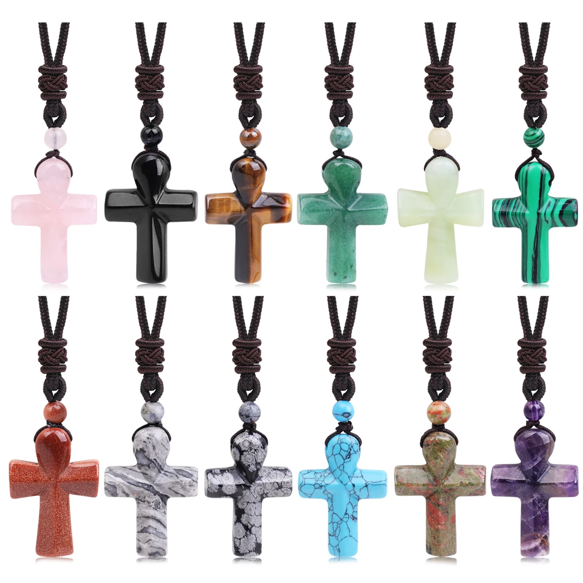 

Hand Carved Gemstone Cross Pendant Necklace for Men Women with Adjustable Rope Quartz Crystal Jesus Punk Jewelry Gifts