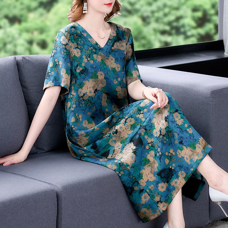 2022 Mới Họa Tiết Hoa Màu Xanh Tự Nhiên Lụa Satin Midi Đầm Mùa Hè Nữ Tay Ngắn Thanh Lịch Nơ Lưng Nữ Vintage Hàn Quốc Cổ Áo