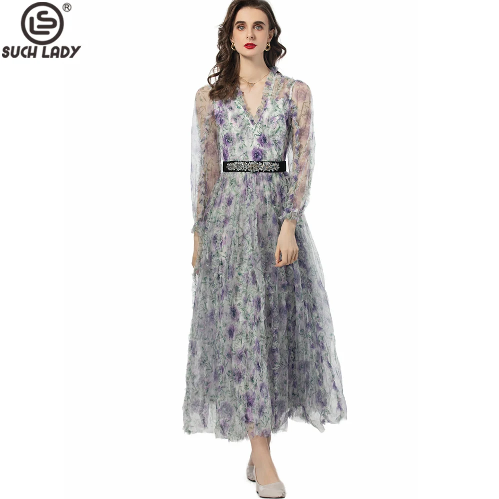 Women's Dresses V Neck Long Sleeves Floral Printed Elegant Designer A Line Mesh Party Evening Vestidos Gown with Belt