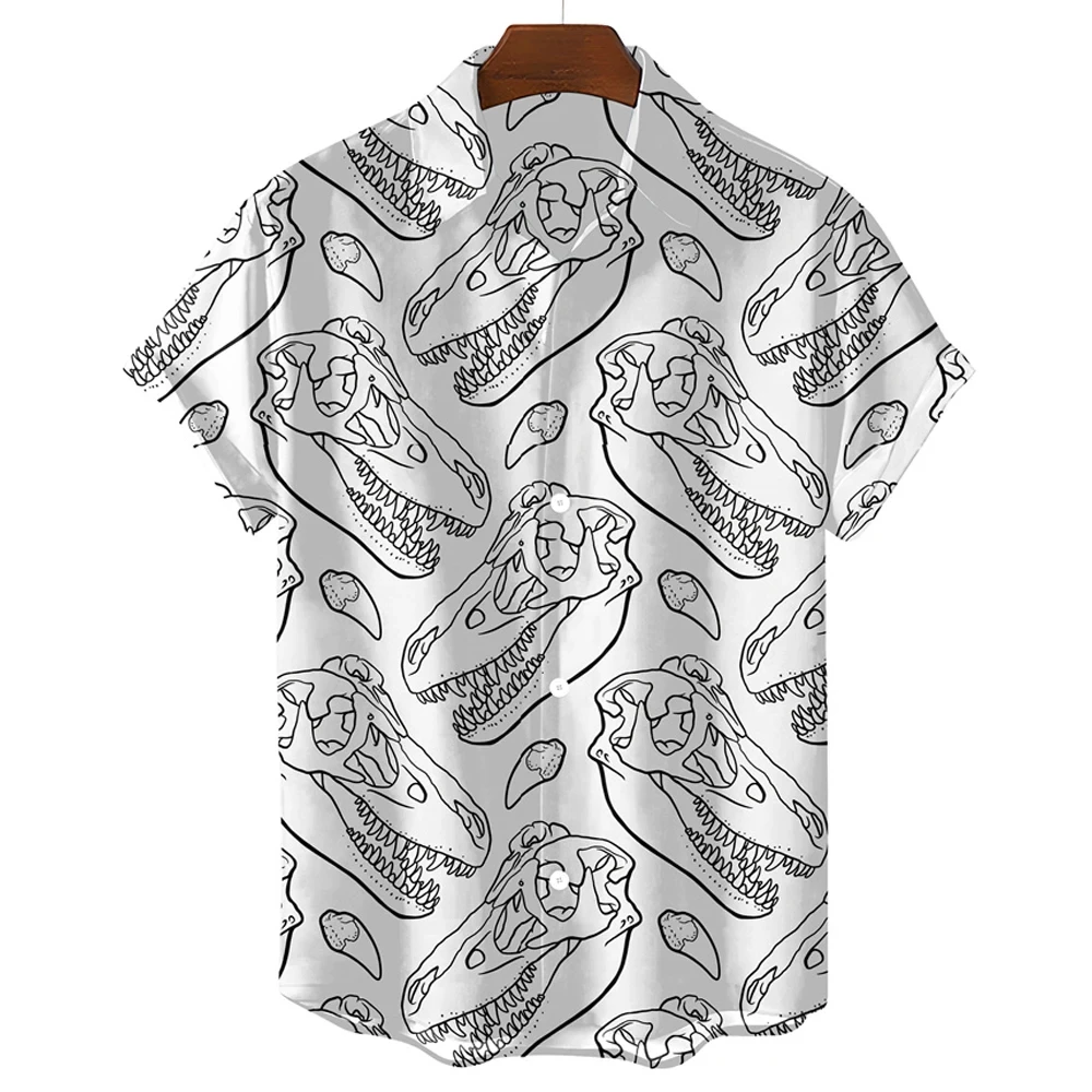 Black And White Hawaiian T-shirt Men Shirt Cute Dinosaur Print Men\'s Clothing Shirt Lapel Oversized Short Sleeve T-shirt Blouse