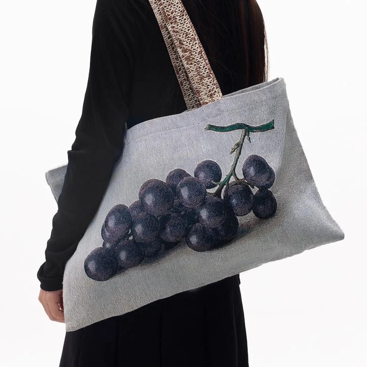

Canvas Bag Women Grape Pattern Fashion Vintage High-Capacity Shoulder Bag Handbag Office Lady