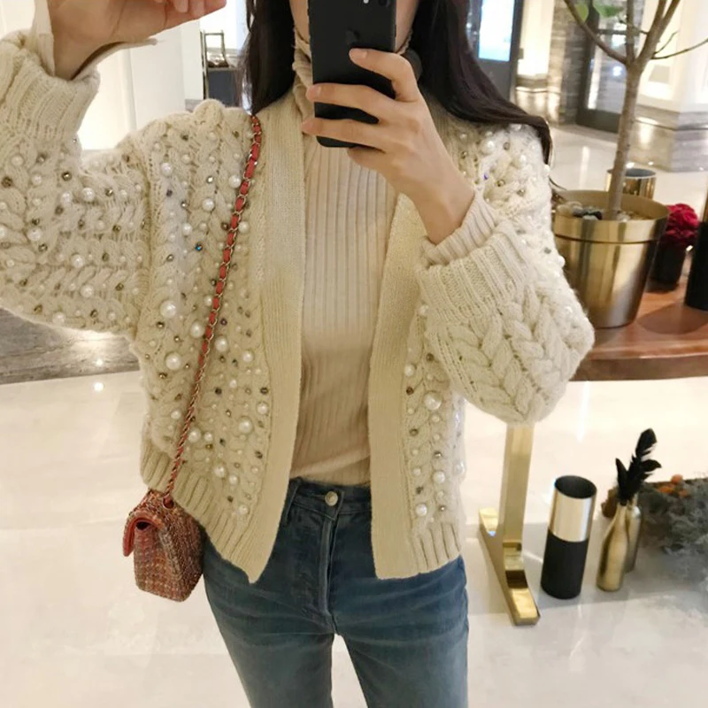 Good Quality Pearl Beading Sweater Cardigan Coat Handmade Diamonds Thick Coat Long Sleeve Autumn Winter Women Clothing 39922