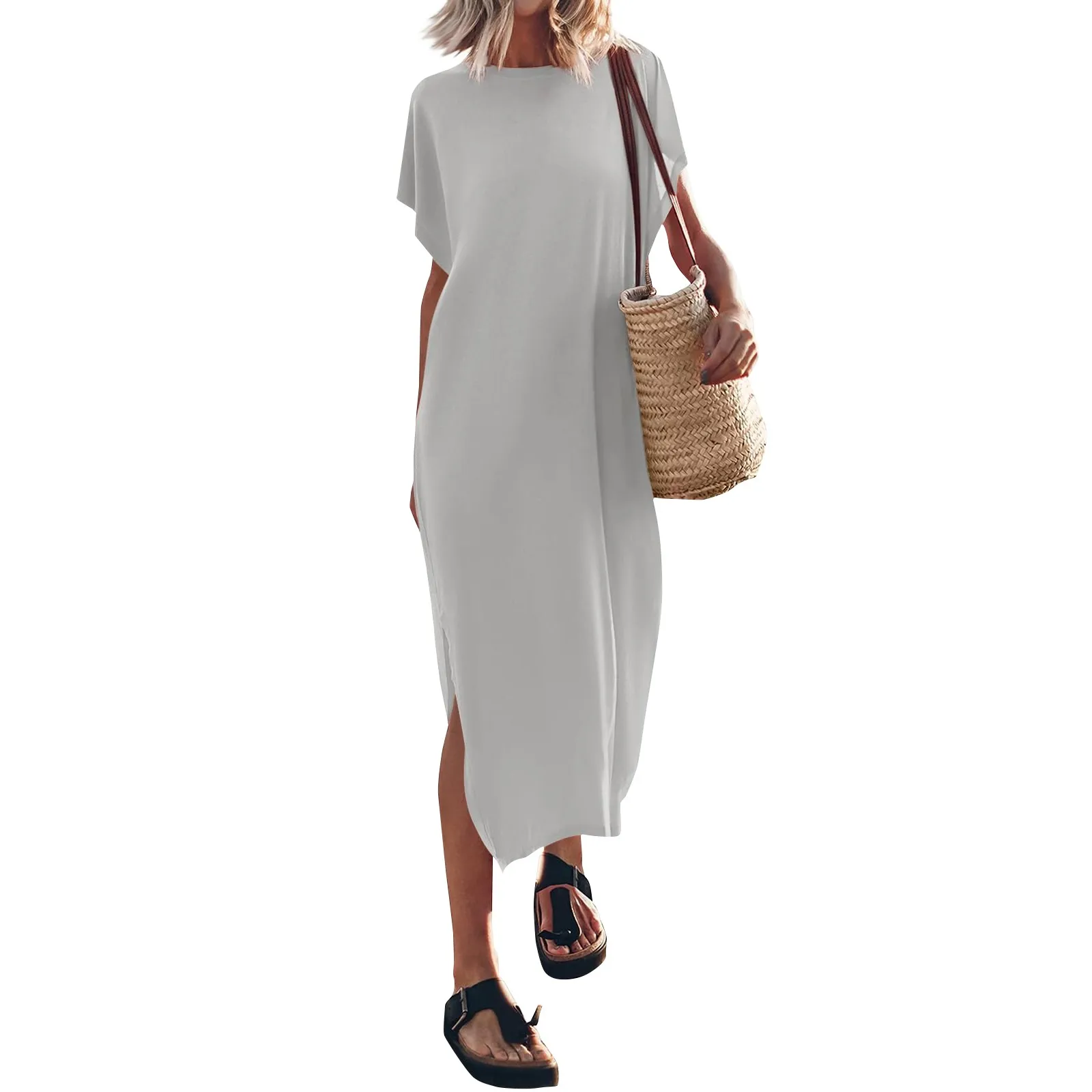 Women'S Summer Solid Color T-Shirt Long Dress Round Neck Casual Loose Split Dress Summer Dress Vestido Feminino Formal Dresses
