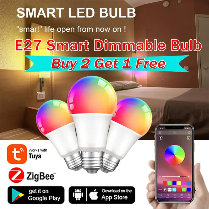 9/12/15/18W Tuya Zigbee3.0 LED Bulb Smart Life APP Control Dimmable E27 220V 110V RGBCW Color Change Lamp Compatible IOS/Android