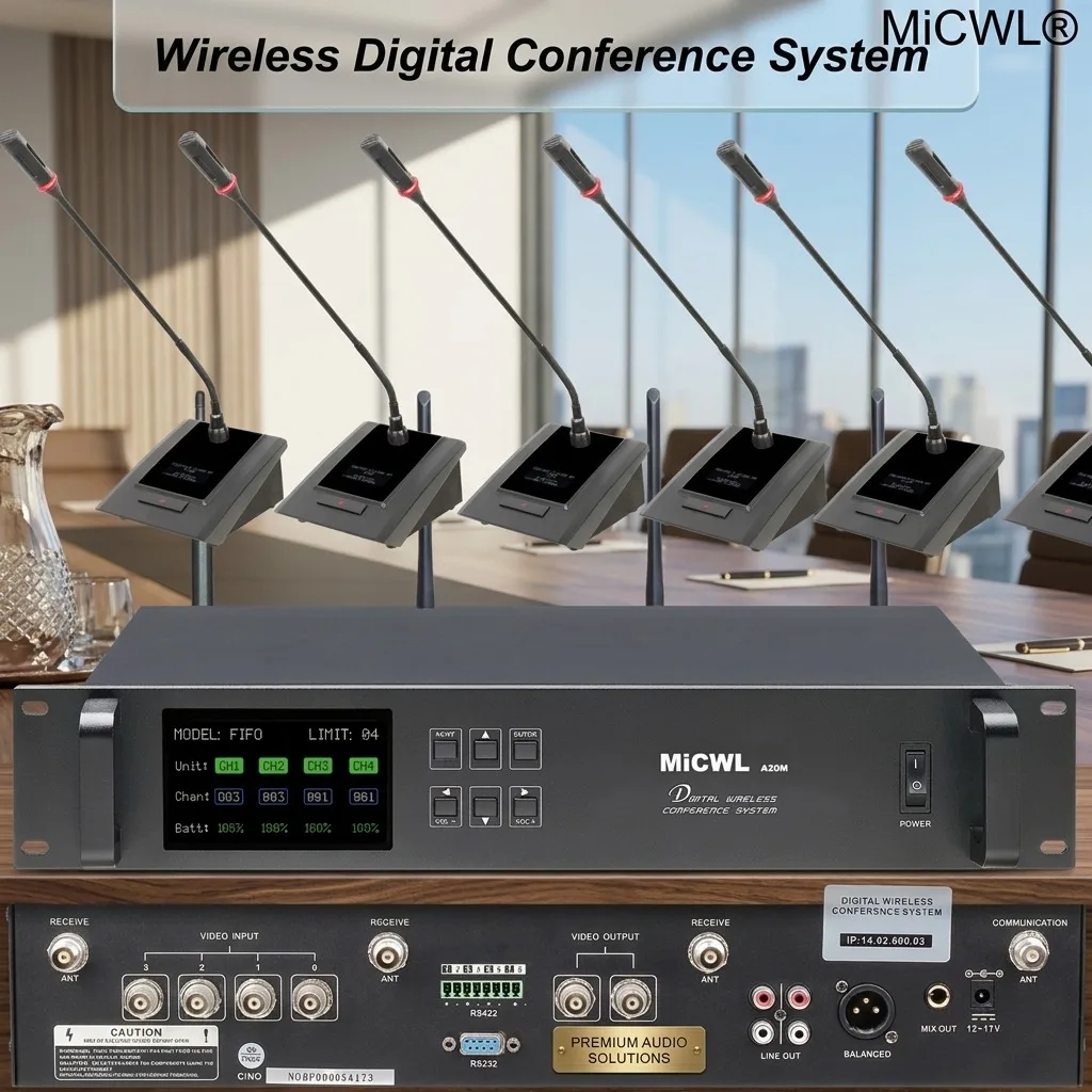 MiCWL A20M Wireless Conference Mic System, 15/20/32 Channel Desktop Gooseneck Digital Video Tracking Mic for Meeting Room