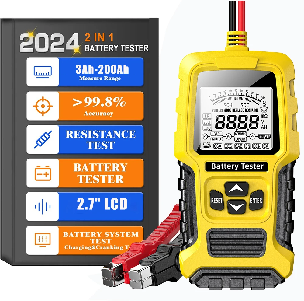 Car Battery Tester 2V 24V 3 to 200AH lead-acid Battery 2.7inch LCD Display SOH SOC CCA Value Battery Tools Battery System Detect