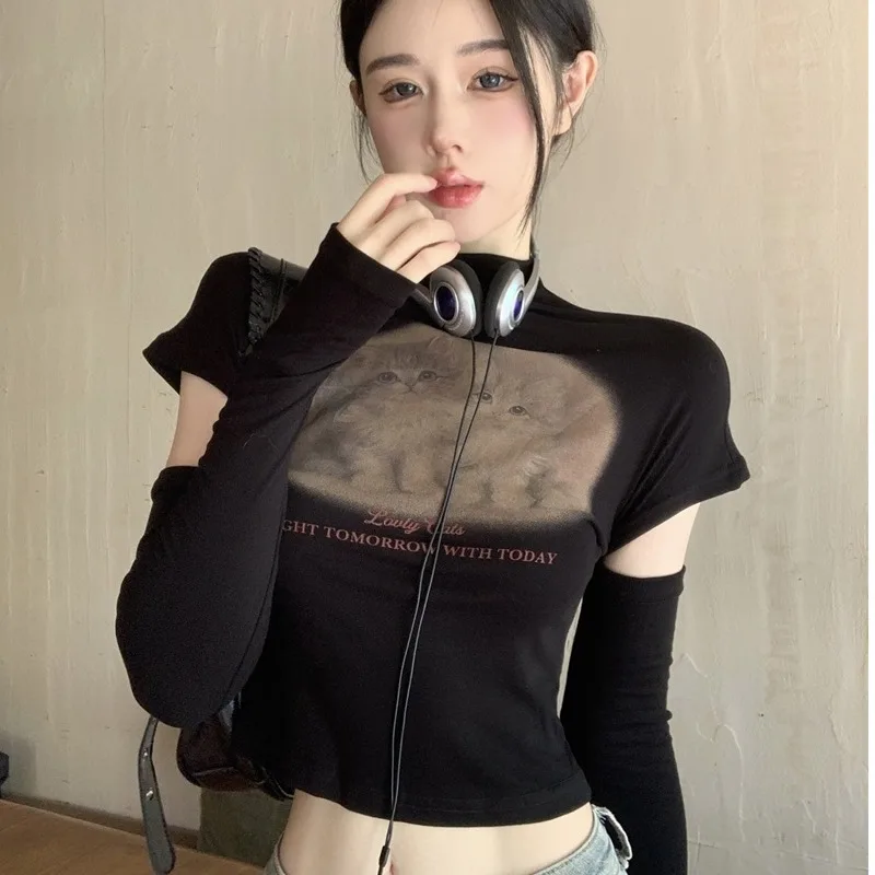 

Retro American Print Short Sleeve T-Shirt Women's Autumn Design Hollow out Long Sleeve Base Shirt High Collar Slim Fit