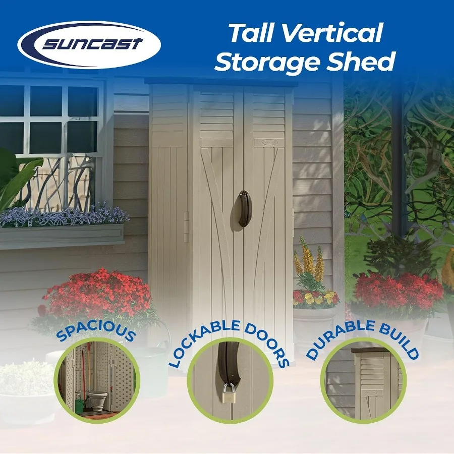 Vertical Shed For Outdoor Storage, Multi-Wall Resin, Sand And Mustang Colors, Lockable 22 Cu. Ft. Capacity Organizer For Long-H