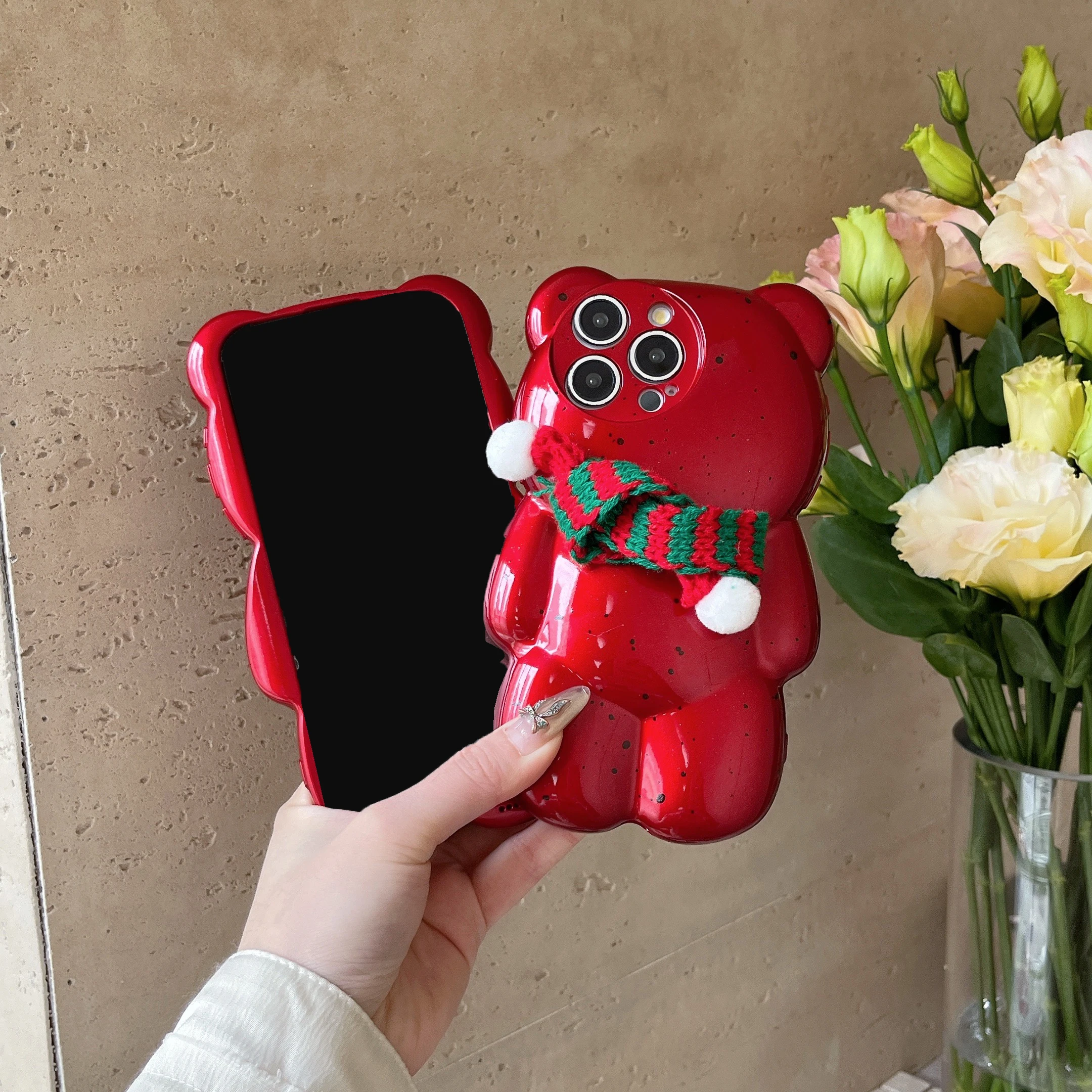 Merry Christmas 3D Cute Bear Shaped Winter Scarf Phone Case for iPhone 12 13 14 15 16 Pro Max Red New Year Soft Cover Xmas Gifts image 2
