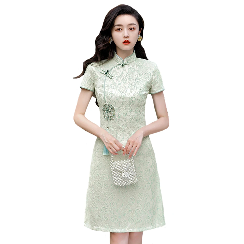 Wedding Cheongsam Short Sleeve Vintage Improved Women Summer Lace Dress Slim-fit Traditional Chinese Style Qipao Dress S To 4XL