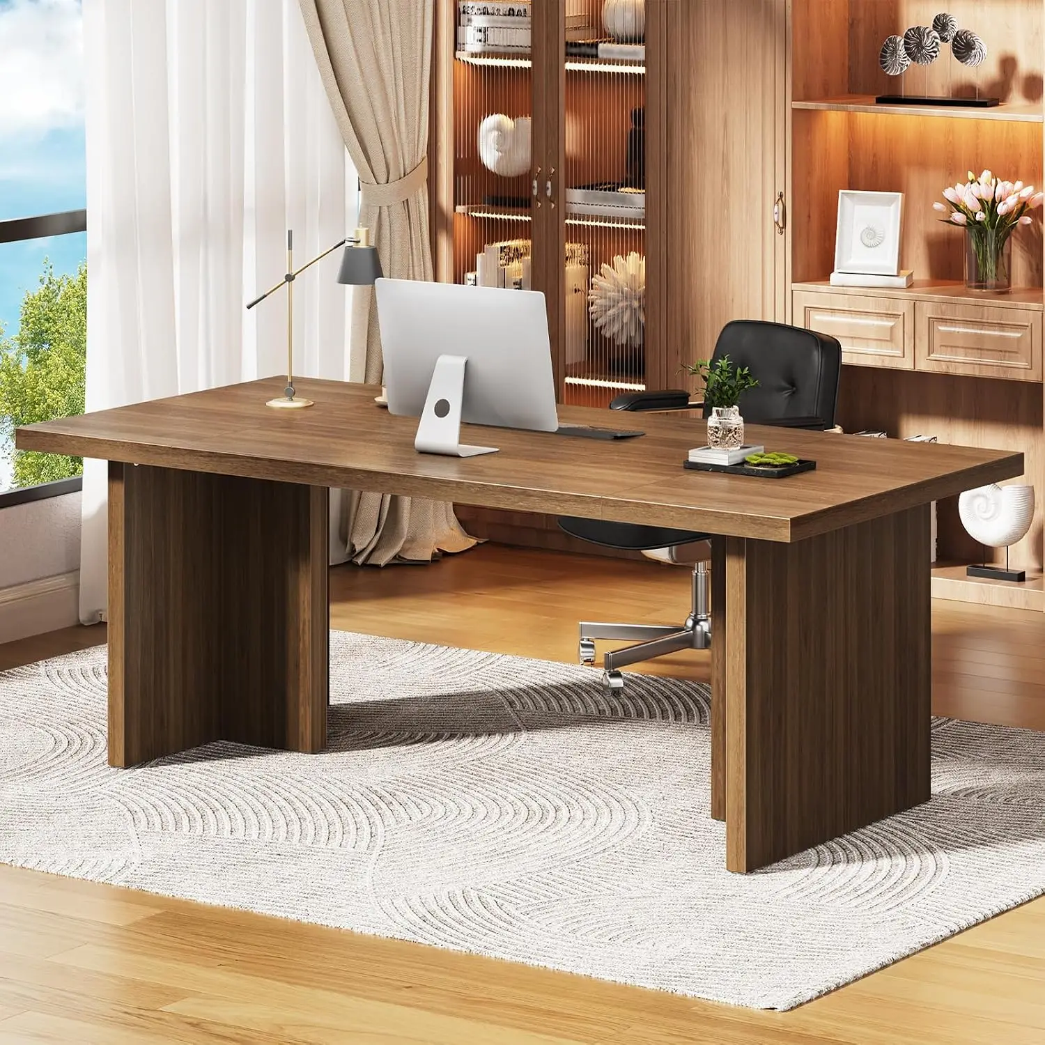 Large Executive Desk With Spacious Tabletop & Sturdy Pedestal Legs, Wooden Conference Table For Home Office, Walnut, Customized