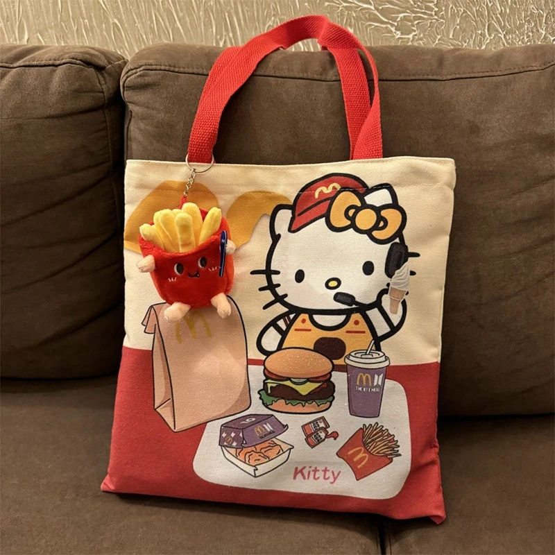 Cute Hello Kitty Canvas Bag Kawaii Sanrio Anime Tutoring Bag Cartoon Student Tote Bag Commuting Bag Large Capacity Gift for Kids