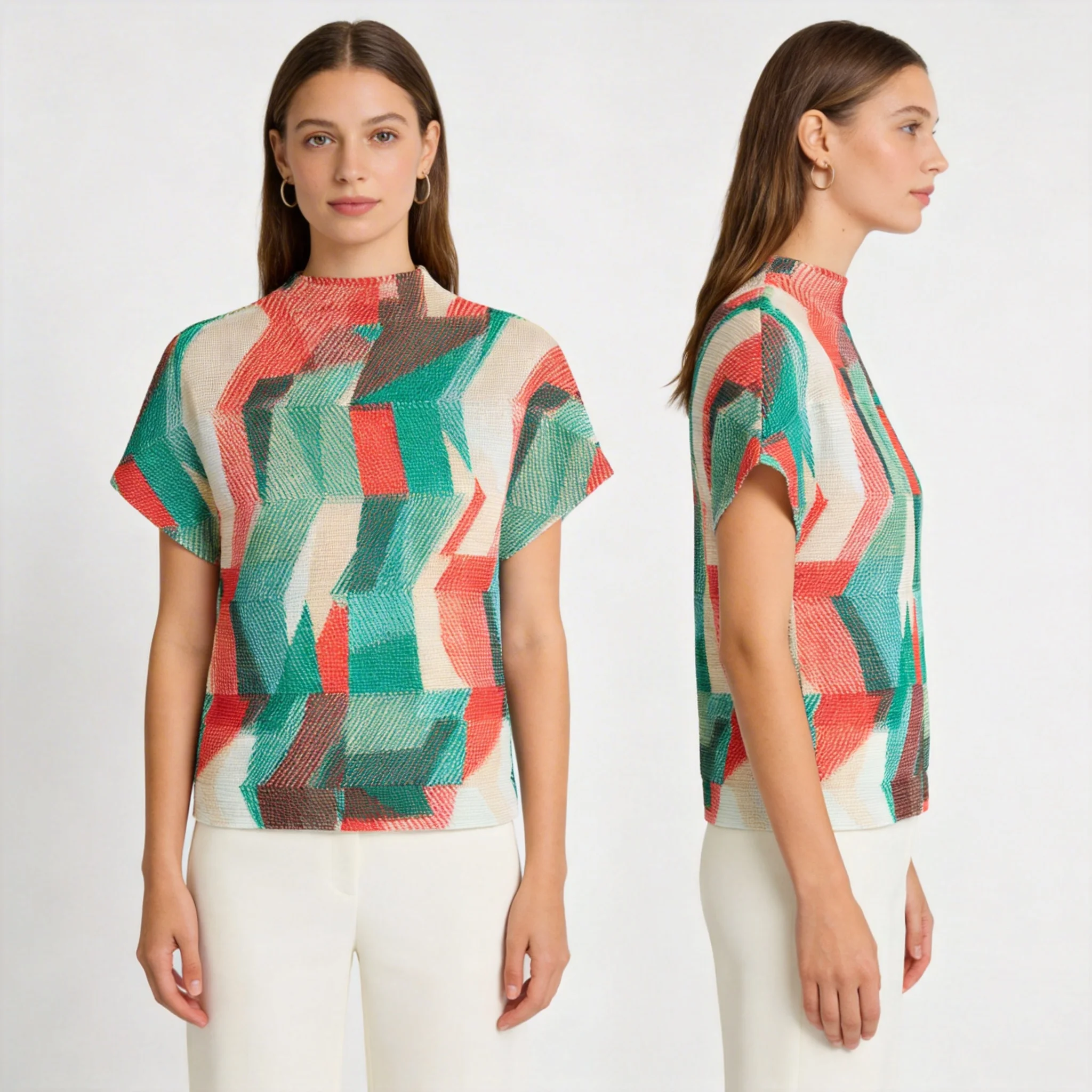 

Miyake Style High-end Corn Grain Pleated Printed T-shirt for Women High Elastic Slim Fit Versatile Stand-up Collar Top for Women