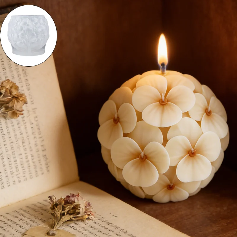 3D spherical hydrangea candle mold, featuring a spherical design and hydrangea shape, made of soft, easily demolded silicone.