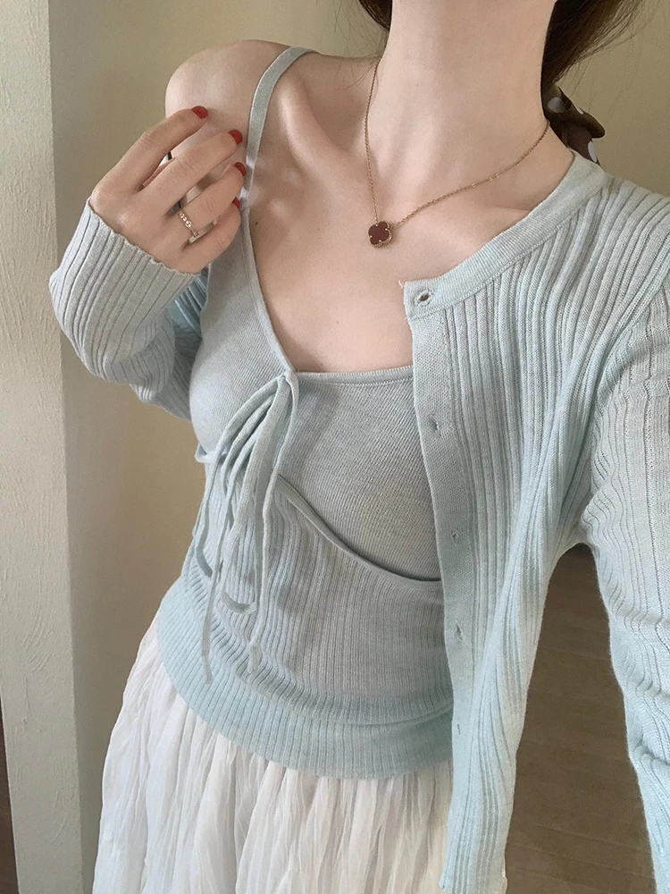 

Элегантный комплект из двух предметов с узлами, женский, стройнящий, модный, летний, новая корейская версия, мягкий вязаный свитер с длинными рукавами