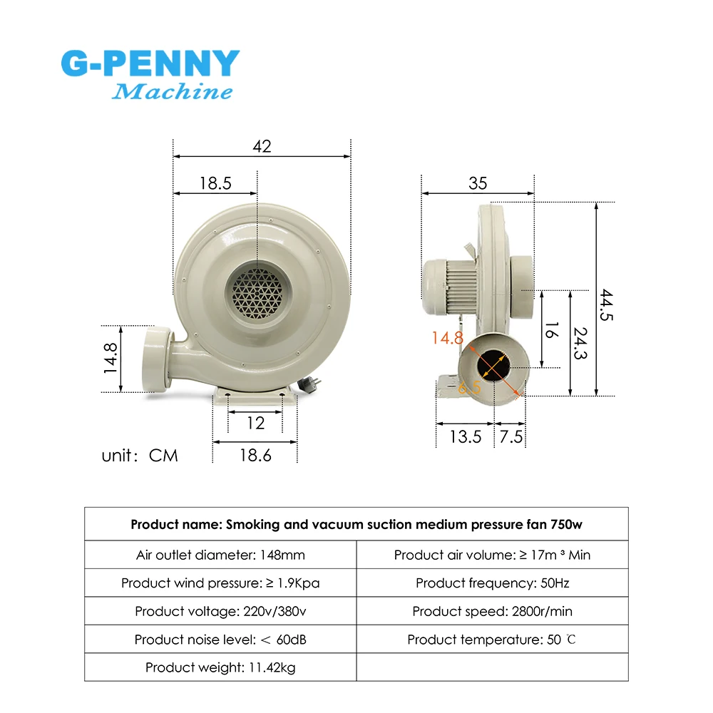 G-Penny 750w 1100w 220V/380V Centrifugal Medium Pressure Fan Exhaust Fan Air Blower for CO2 Laser Engraving Cutting Machine