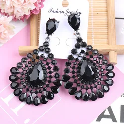 Vintage Jewelry Party Accessories Long Big Black Stone Crystal Rhinestone Chunky Teardrop Dangle Drop Earrings for Women