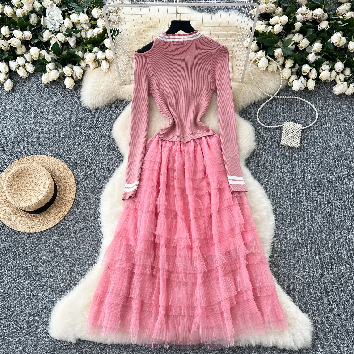 Elegant O-neck Vintage Long Sleeve Chic Floral Embroidered Slim Knit Spliced Mesh French Evening High Street Autumn Dresses