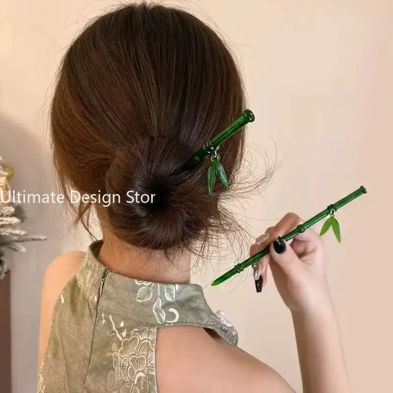 Chinese Style Bamboo Joint Hairpin Green Resin Bamboo Nodes Straight Curved Hair Stick New Women Girls Vintage Hair Accessories