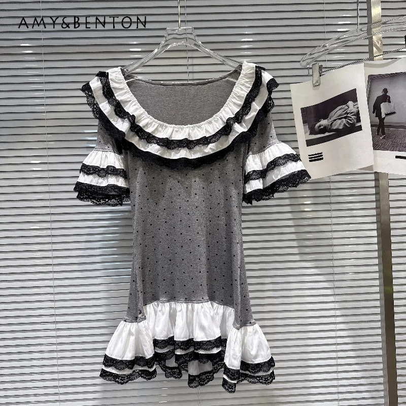 

Vintage Design 2026 New Women's Dress Sweet Cool Hot Girl Lace Splicing Lotus Leaf Collar Polka Dot Short-sleeved Dresses Ladies