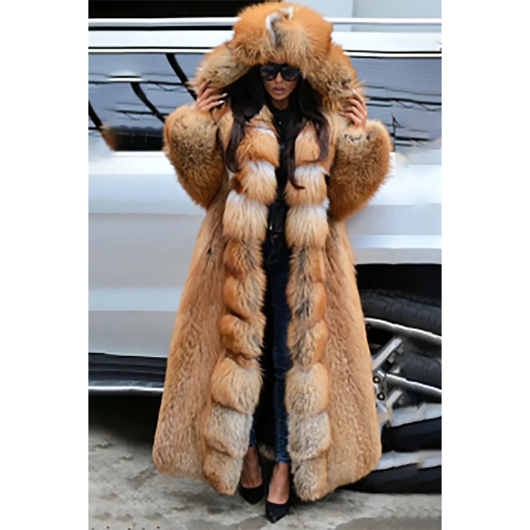 Plus Size Women\'s Fashion Daily Coat Brown Hooded Long Sleeve Faux Winter Warm Fur Coat