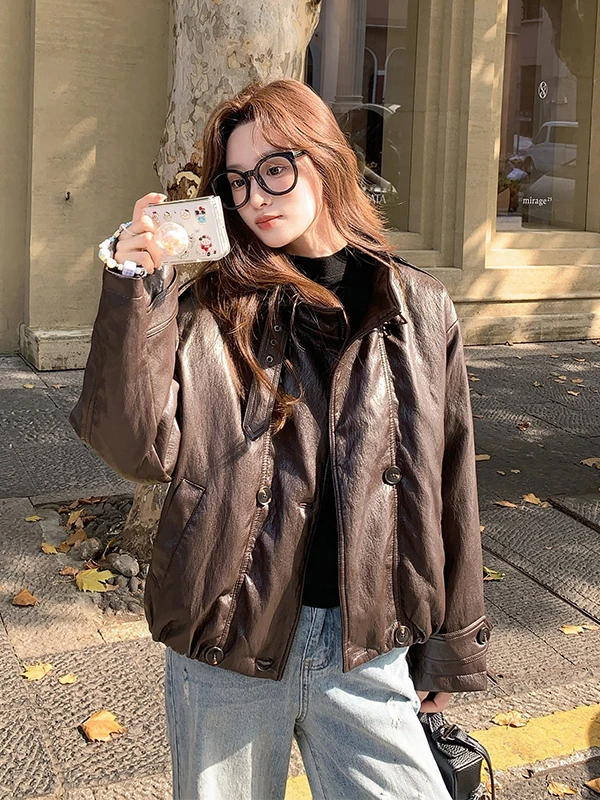 Veste en cuir de motard Sli ort pour femme, manteau d'hiver chaud, doublure en duvet blanc, coupe droite décontractée, écologique