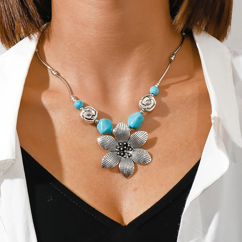 Aihua Böhmen Türkis Stein Herz Halskette für Frauen Halsband Collier Femme Ethnische Tibetischen Silber Halsketten Aussage Schmuck – Detail 14