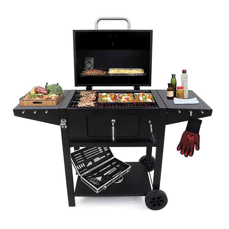 OEM Large Outdoor Multifunctional 3in1 Steel Meat BBQ Grill Trolley Charcoal Barbecue Stove Easy to Move BBQ Grills