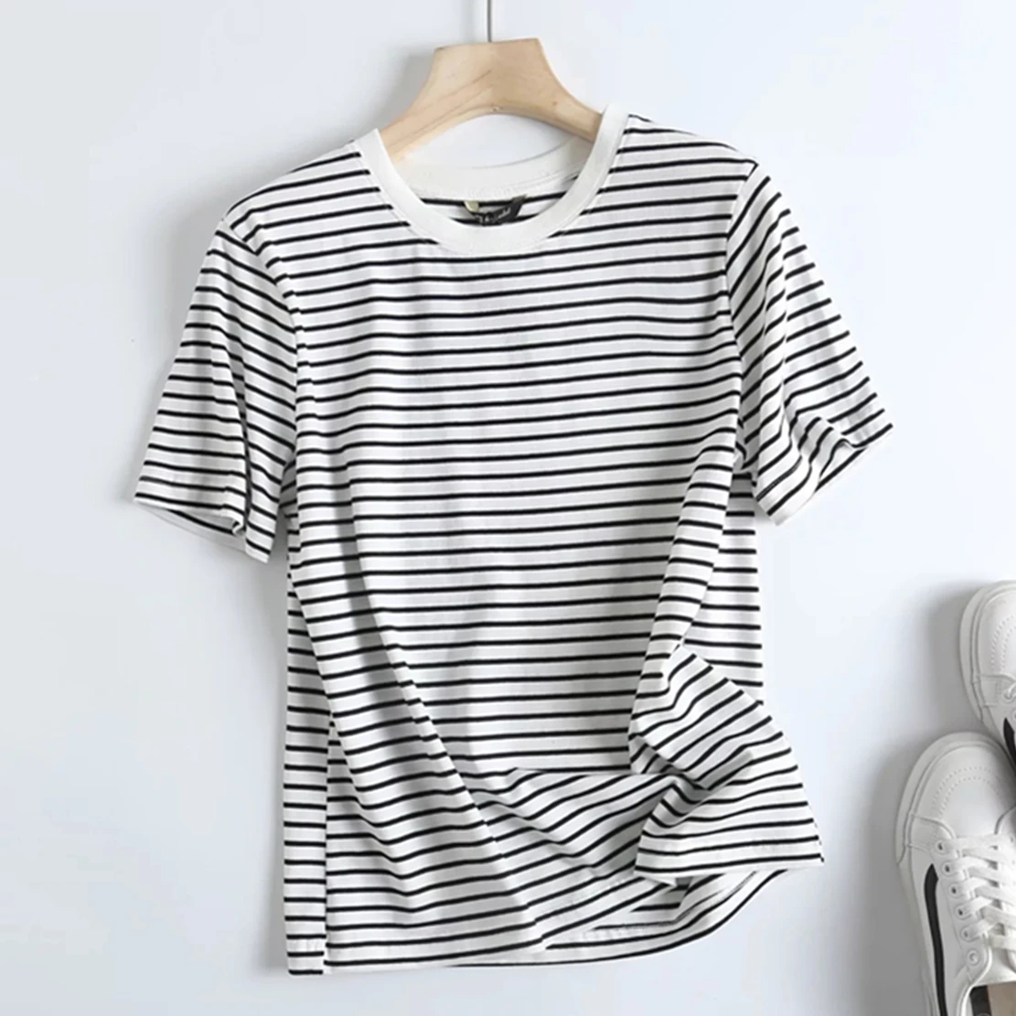 

Dave&Di Casual Summer T Shirt 2023 England Style Fashion Simple Striped Round Collar Cotton Tshirts Women Tops