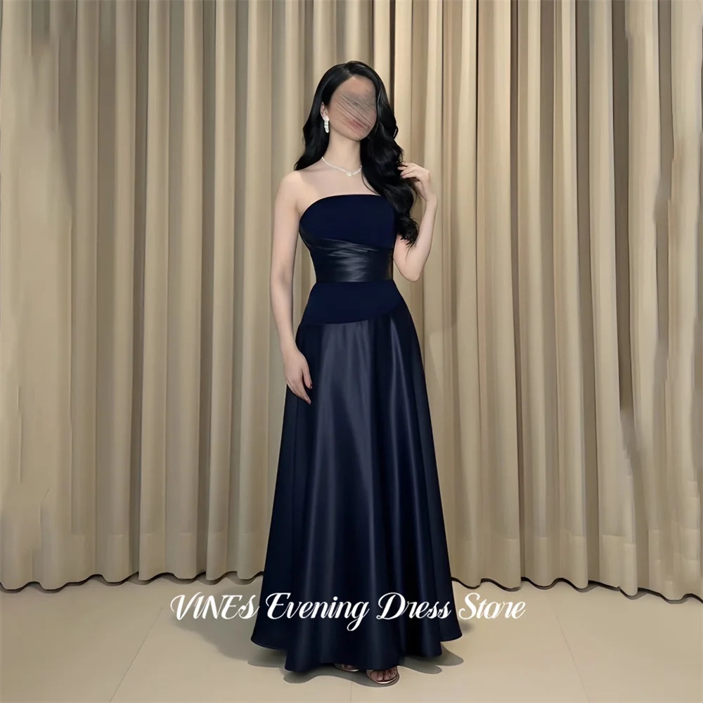 

VINES Navy Blue Strapless Prom Dresses with Contrast Waistband Formal Dresses A Line Simple Party Dresses for Women Customized