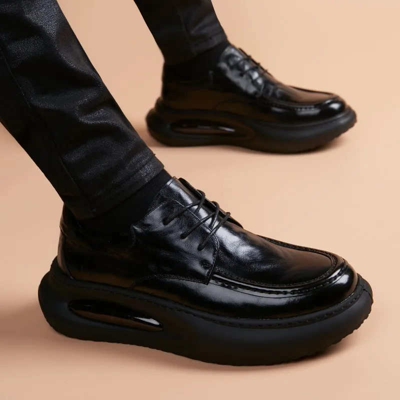 

Thick Sole Round Toe Fashion Korean Style Business Casual Leather Shoes British Round Toe Genuine Leather Men's Shoes