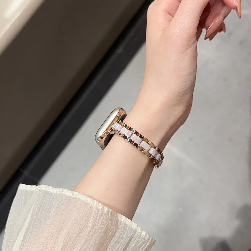 

Тонкий металлический ремешок из смолы для Apple Watch Band 45 мм 41 40 44 38 42 46 Ultra2 49 мм Женский браслет iWatch Series 10 9 8 7 SE 6 5 4