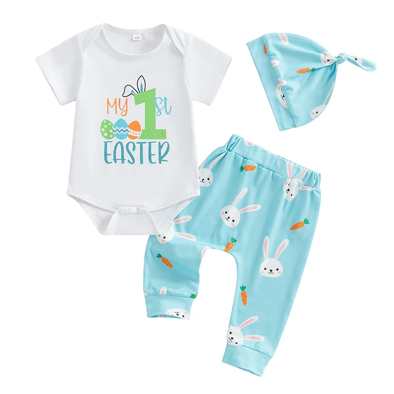 

Baby Girls Easter Outfits Short Sleeve Romper Bunny Truck Print Pants Hat Set Infant Clothes