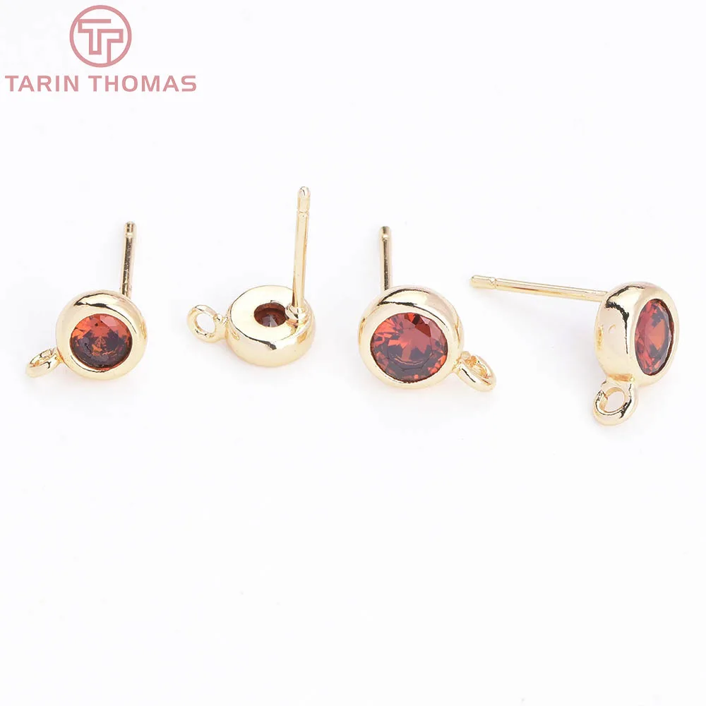 (2607) 4MM 6MM 7MM 8MM 24K Gold Color Brass with Zircon  Hooks Hole Round Stud Earrings Pins  Jewellery Accessories Wholesales