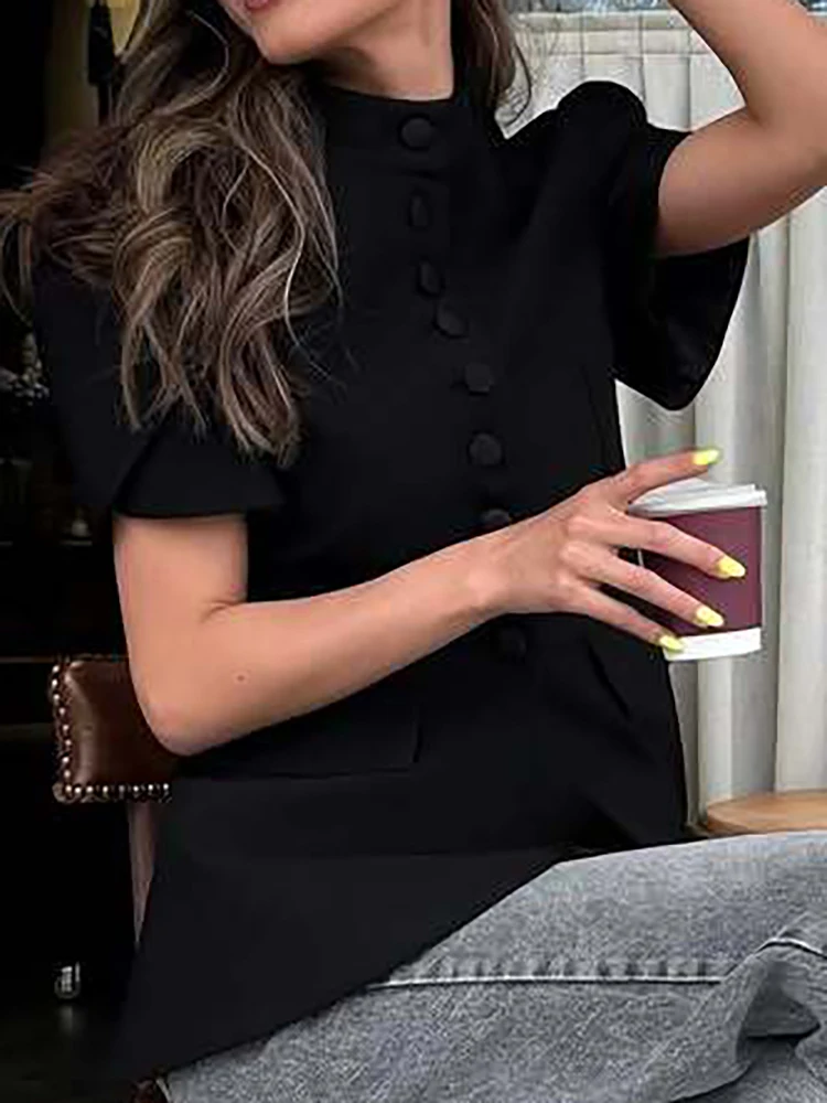 

Fashion Solid Color Short Sleeve Commute T-shirts Summer Elegant Single Breasted Pleated Tops Casual O-neck Slim Women's Tops