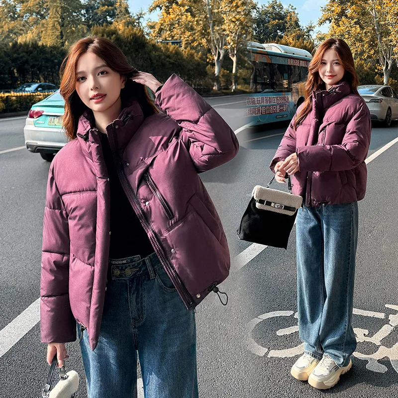 Oversize Women Parkas Coats Short Jacket Solid Drawstring Stand Collar Zipper Thick Straight Fit Casual Office Lady Winter 2025