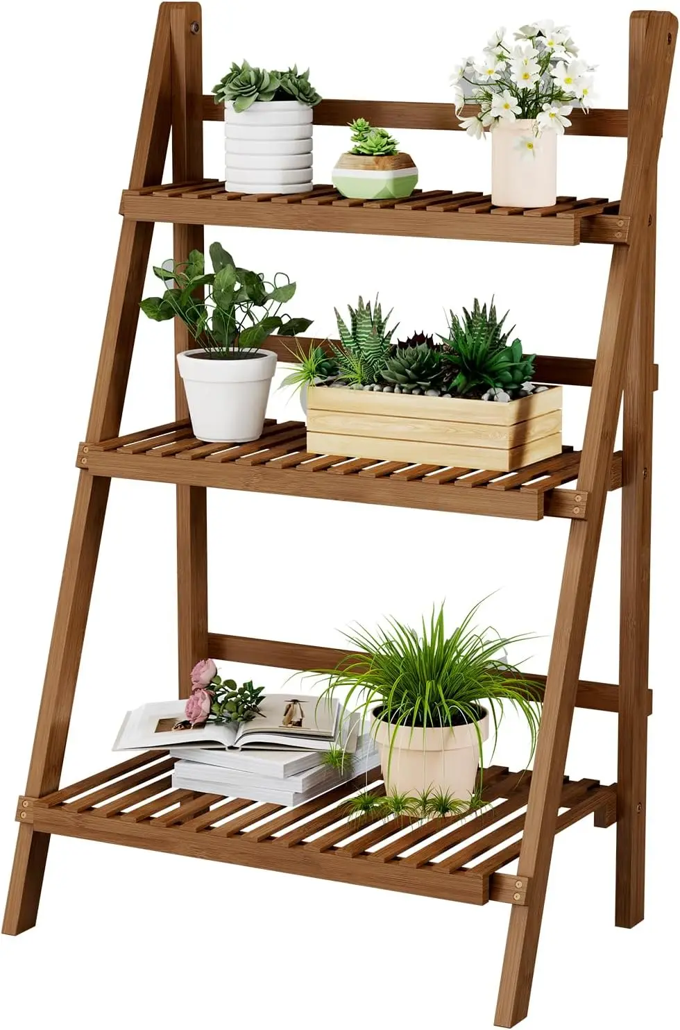 

39.4" Bamboo 3-Tier Ladder Shelf, Foldable Plant Stand, 23.6"W x 15"D x 39.4"H, Freestanding Bookshelf for Garden, Balcony, Patio, Living Room, Walnut