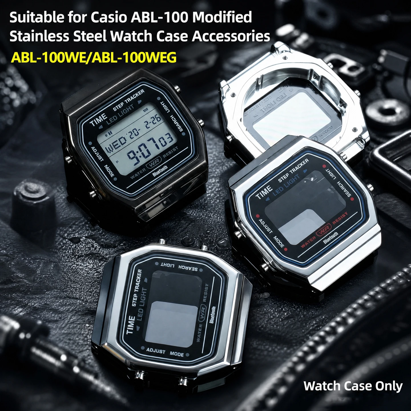 Upgrade Replacement Stainless Steel Watch Case mod Kit for Casio ABL-100WE / ABL-100WEG Retro Digital Metal Watch bezel +Tools