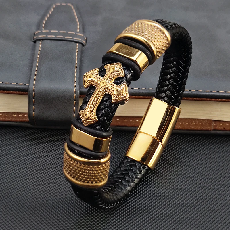 MingAo 2023 Fashion Vacuum Plating Gold Single Layer Cross Leather Bracelet Charm Bracelet Men\'s Hand Jewelry for Women