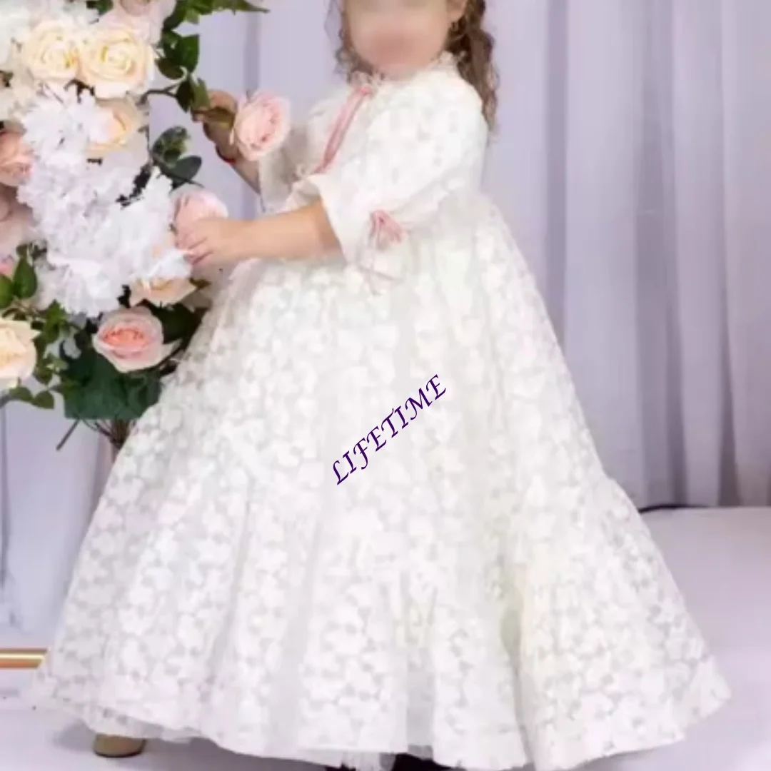 Maßgeschneidertes Hochgeschnittenes Spitzenkleid für Blumenmädchen mit Ballonärmeln, Rosa Schleifenballkleid für Hochzeit, Kleinkinder Erstkommunion