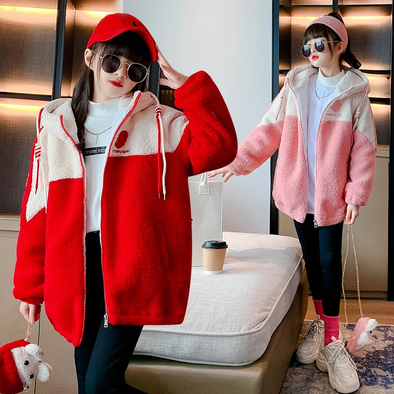 

Thickened coats for furry children 2022 new faux fur luxury design autumn winter warm girls' coats long sleeves hooded clothes